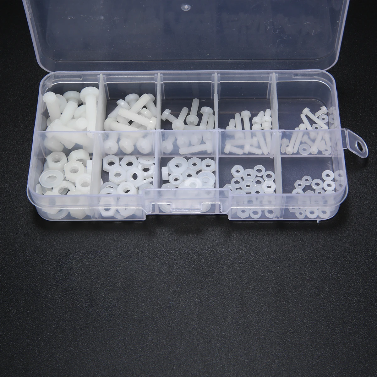 ホワイトナイロン六角ネジ,150個,m2.5,m3,m4,m5,ボルトナット,プラスチックボックス付きスペーサーキットプレート,耐食性