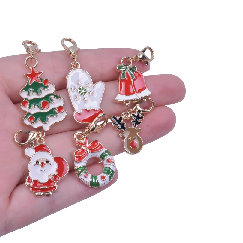 24pcs Christmas Pendant With Lobster Clasp Enamel Charms For Jewelry Making Supplies DIY Accessories Women Men Handmade Keychain