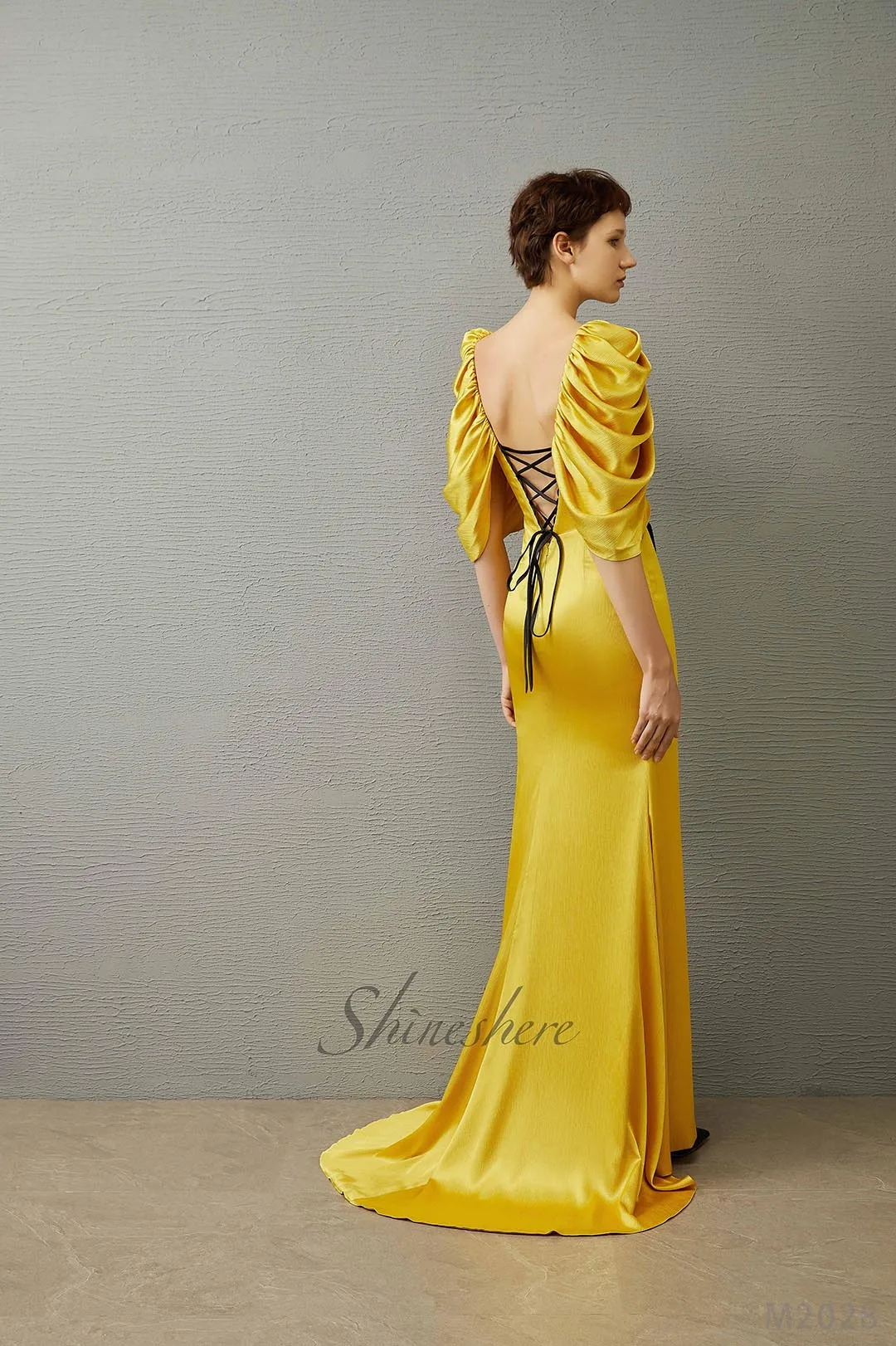 Jusere evening dress elegant party dress with puffy sleeves yellow evening gown with sweep train