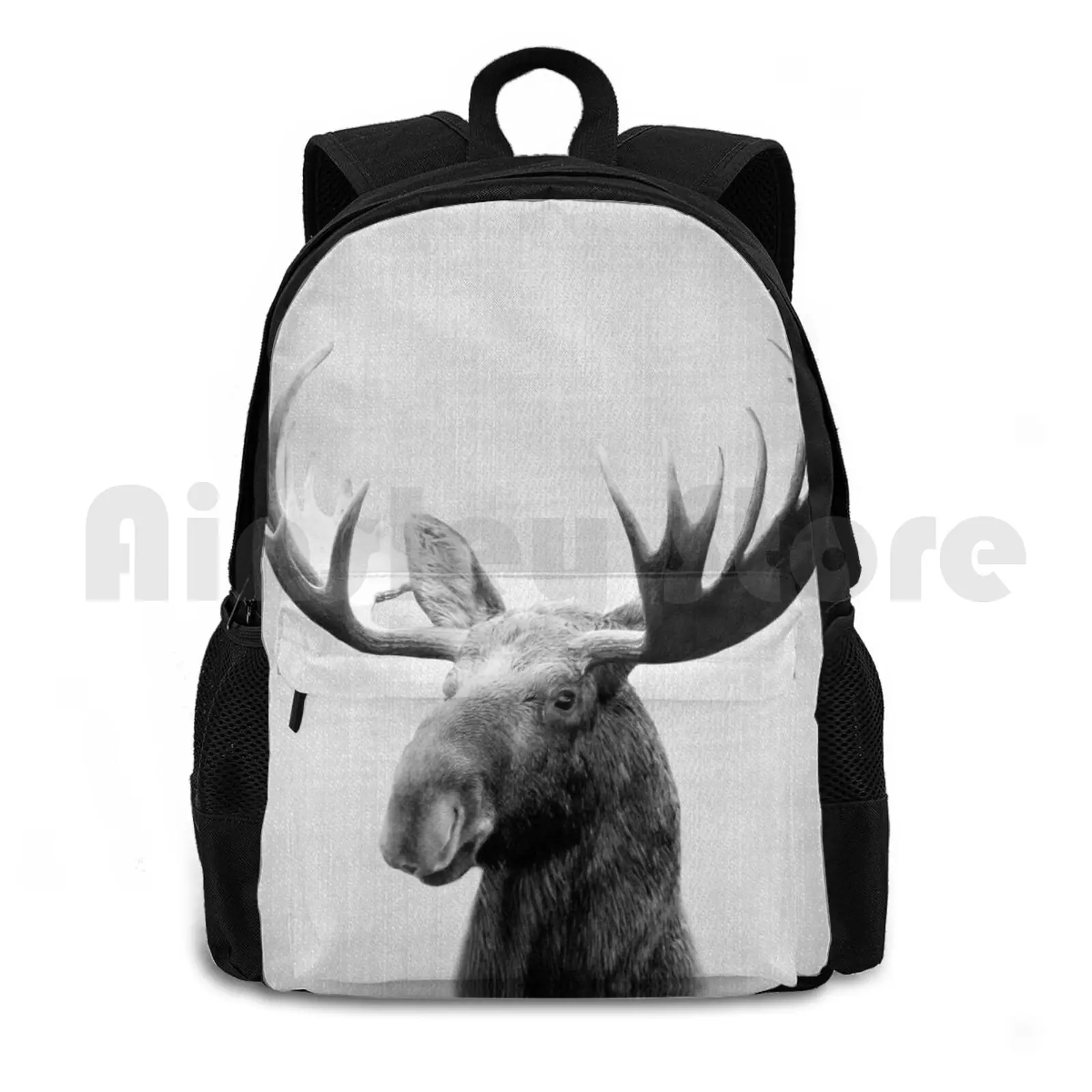 

Moose-Black & White Outdoor Hiking Backpack Waterproof Camping Travel Animal Animals Peekaboo Wild Wildlife Nursery Modern