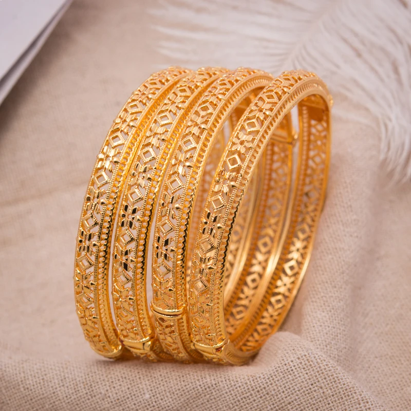 1Pcs 24K Dubai Bracelets Bangles women Girl Gold Color Bangle Flower Bangle Wedding Copper Bride Bangle Bijoux Femme