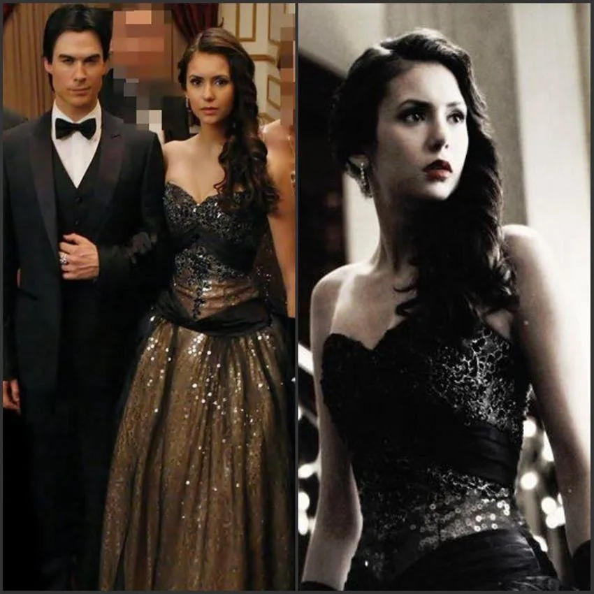 Corsé gótico personalizado, vestidos de fiesta negros, vestido de baile largo, vestido de Nina Dobrev en Vampire Diaries, vestido de noche de lujo con lentejuelas