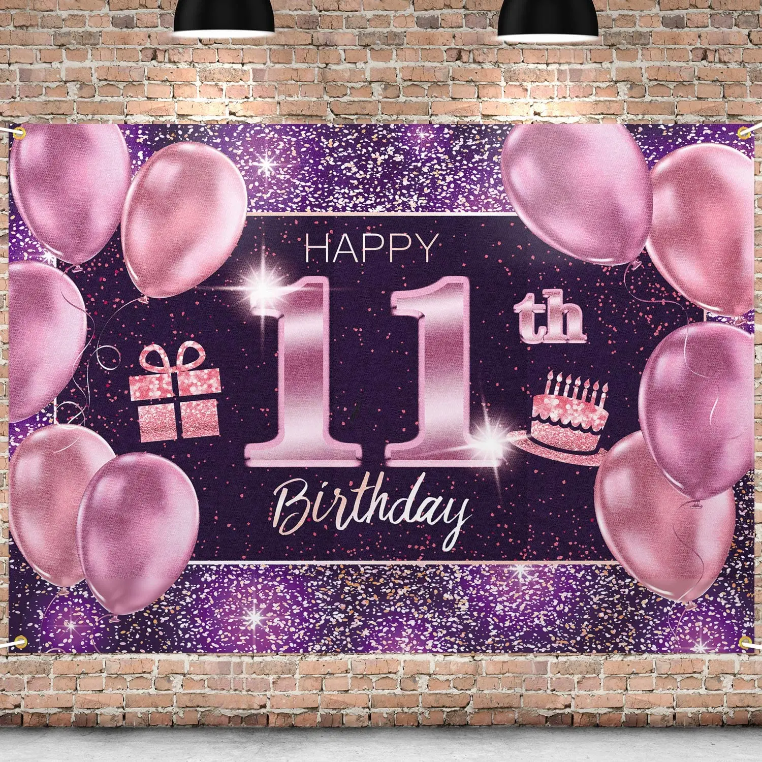 Happy 11th Birthday Banner Photography Backdrop 11 Birthday Party Decorations Supplies For Girl-Pink Purple Gold Background