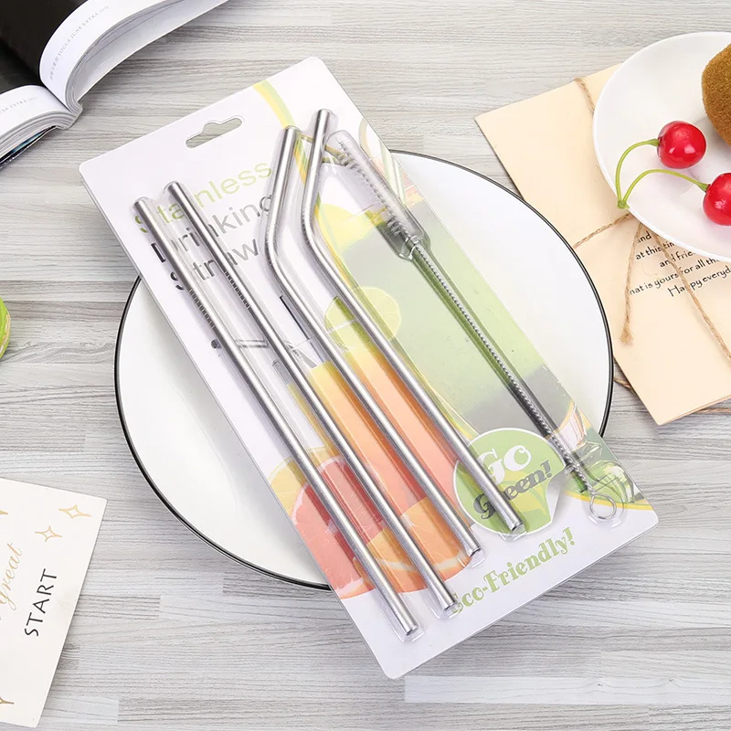 (4pcs) Stainless Steel Straw With Cleaning Brush Bend Straight Drinking Straw Kitchen Bar Party Accessories