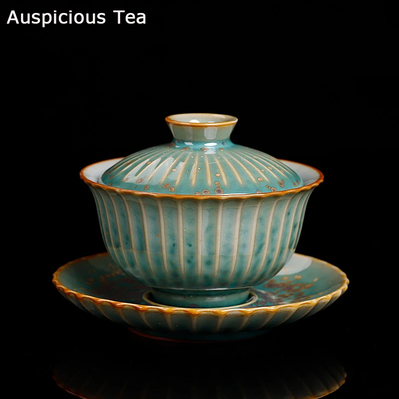 140ml Green Glaze Kiln Change Gaiwan Vintage Ceramic Kung Fu Tea Bowls Master Cup Pu\'er Tea Tureen Tea Cup Teapots Bowl With Lid