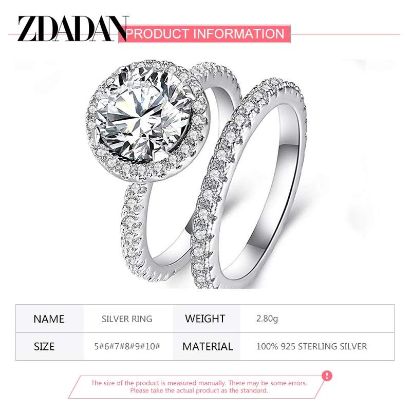 ZDADAN 2pcs 925 Sterling Silver Cubic Zirconia Ring For Women Fashion Wedding Jewelry Gift