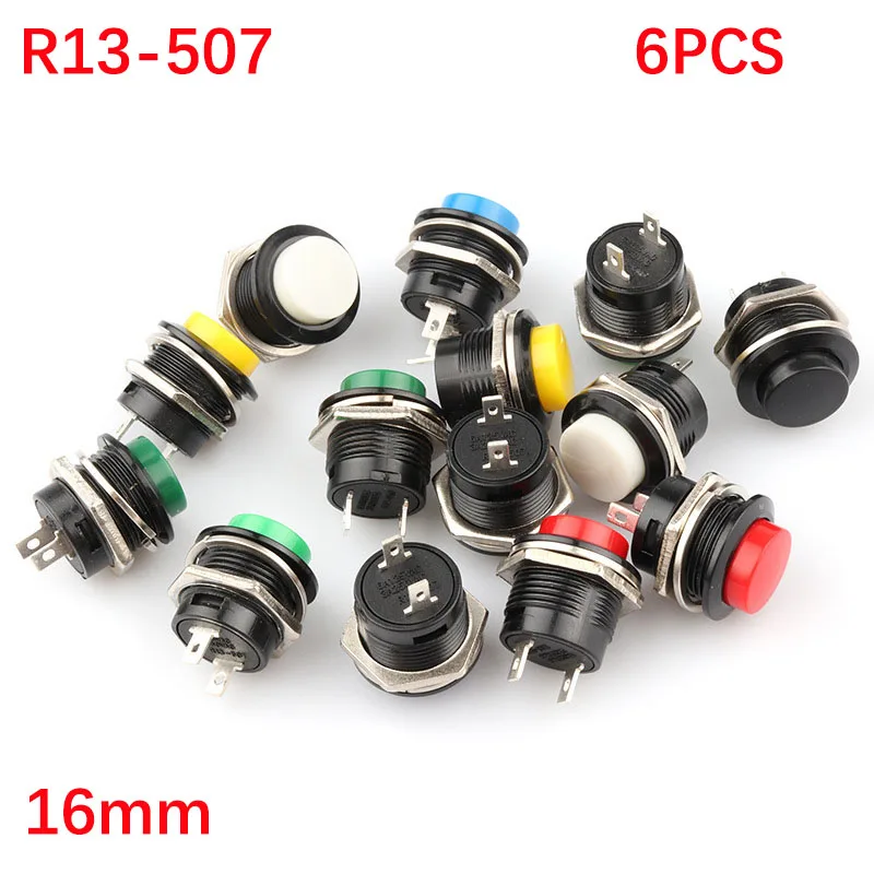 6pcs Momentary Push Button Switch 16mm Momentary 6A/125VAC 3A/250VAC Round Switches R13-507 BLACK RED GREEN WHITE BLUE YELLOW