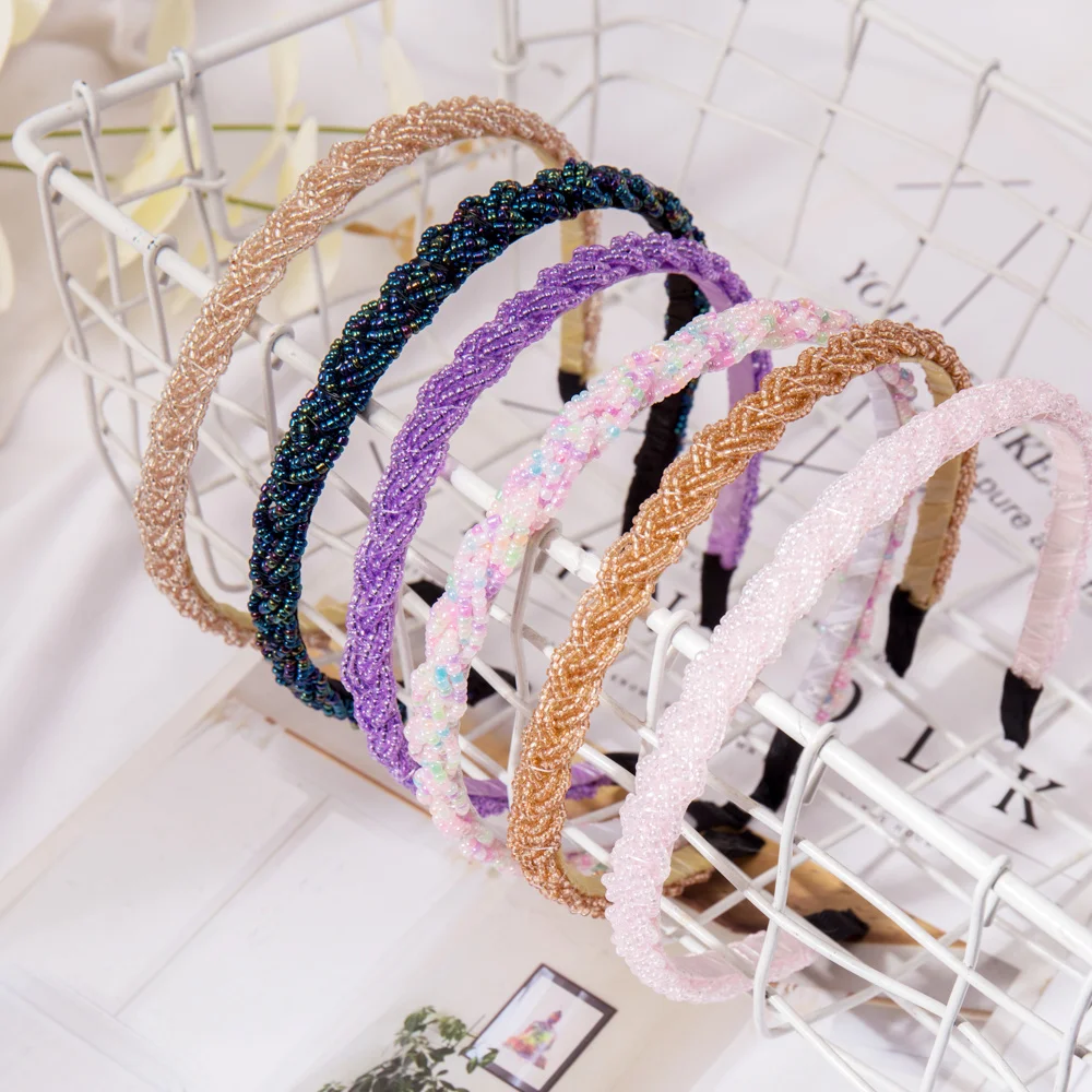 Retro Handmade Bead Hairband Elastic Women Headband Hair Accessories Metal Crystal Braid Head Bands Girls Hair Hoops Headwear