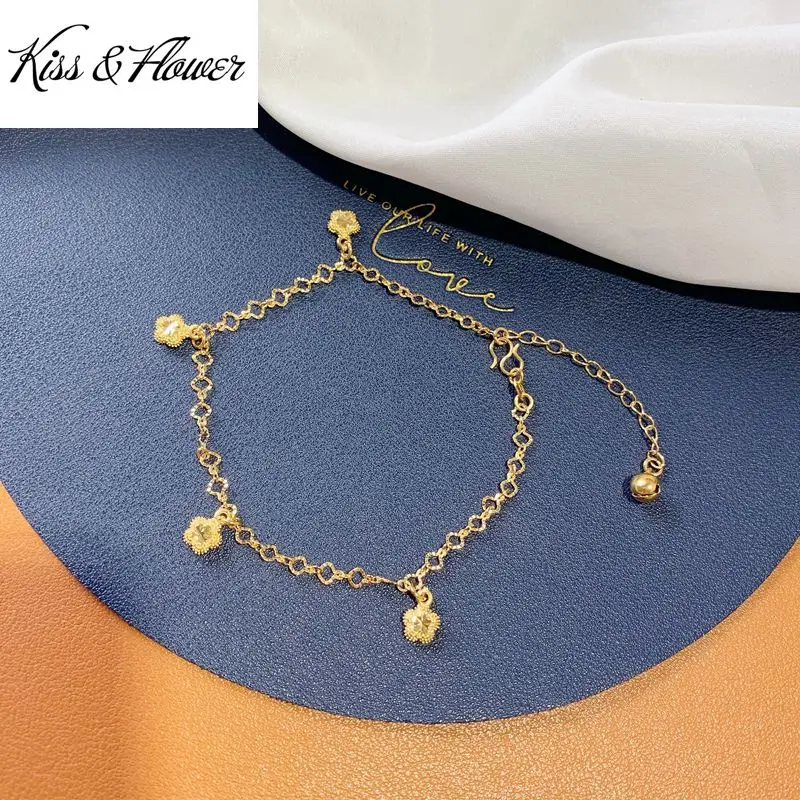 KISS&FLOWER AK08 Fine Jewelry Wholesale Fashion Hot Woman Girl Bride Mother Birthday Wedding Gift Flowers Bells 24KT Gold Anklet