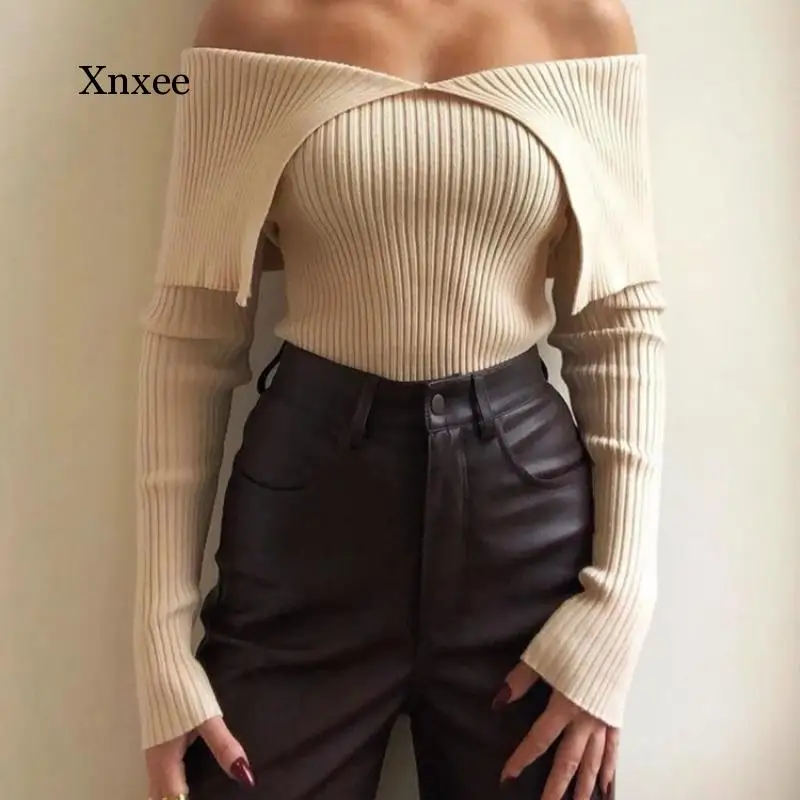 Women Off Shoulders Irregular Fitted Knitted Sweater Fashion Vintage V-Neck Long Sleeve Female Pullovers Chic Tops