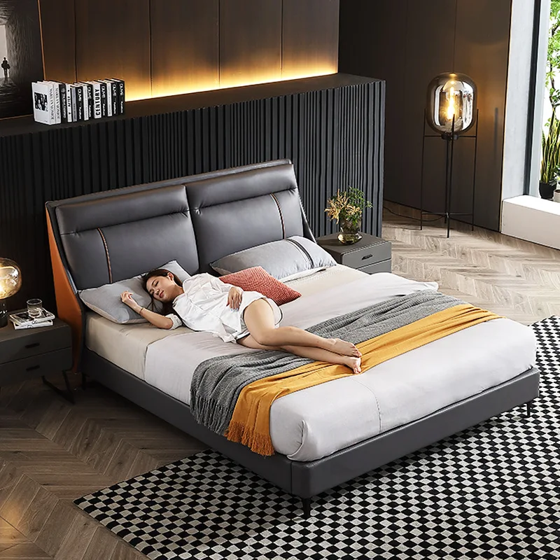 Genuine Leather Bed Modern Minimalist 1.8 M Master Bedroom Double Large Small Apartment Stylish Soft Cushion Bed