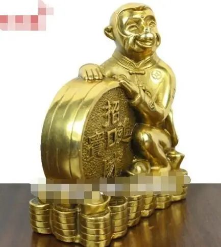 16 cm Pure Brass Chinese Zodiac Animal auspicious Wealth Fengshui Monkey Statue