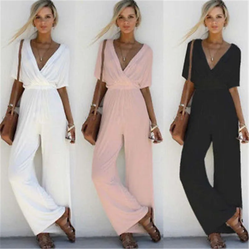 2022 New Summer Women V-Neck Loose Playsuit Jumpsuit Ladies Short Sleeve Loose Wide Leg Long Outfit Beach Cover Ups