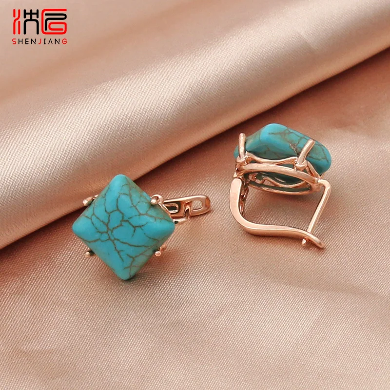 SHENJIANG New Vintage Square Synthetic Turquoises 585 Rose Gold Color Dangle Earrings For Women Wedding Jewelry Fine Gift