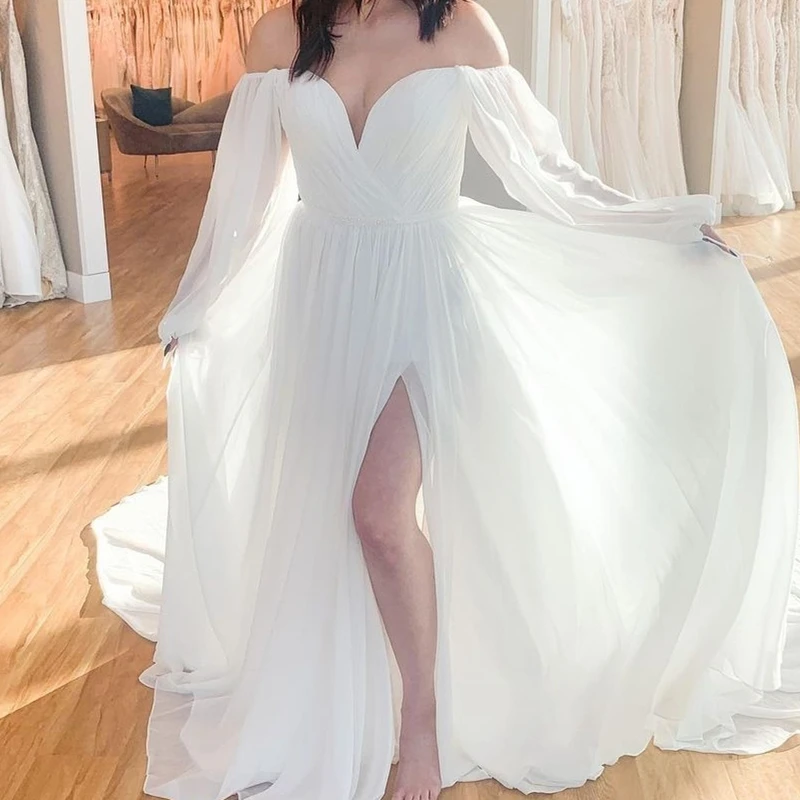 LSYX Chiffon Wedding Dress Long Sleeve Split Floor length Sweetheart Backless Beach Vintage Rustic Bridal Gown Elegant For Women