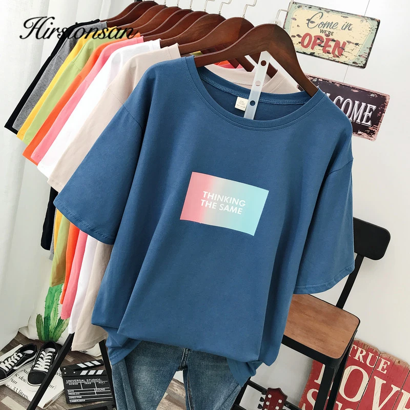 Hirsionsan Aesthetic Printed T Shirt Women Korean Harajuku Loose Summer Cotton Tshirt Chic Plus Size Tee Ins Casual Female Tops