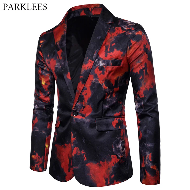 Mens Red Flame Printed Blazer Jacket 2022 Brand Casual Slim Fit Single Button Blazer Men\'s Suits and Blazers Terno Masculino 3XL