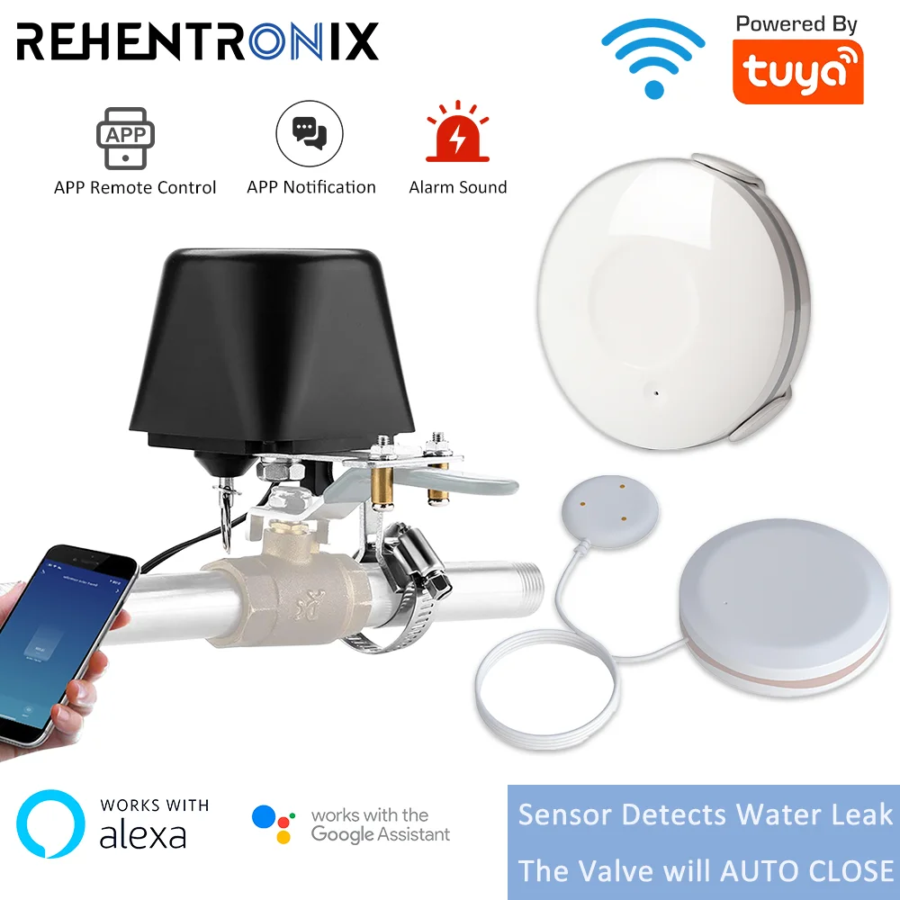 Alexa Tuya Smart Home Automation WiFi Valve with Wireless Water Leak Detector Alarm Sound WiFi Water Sensor Smart Water Valve