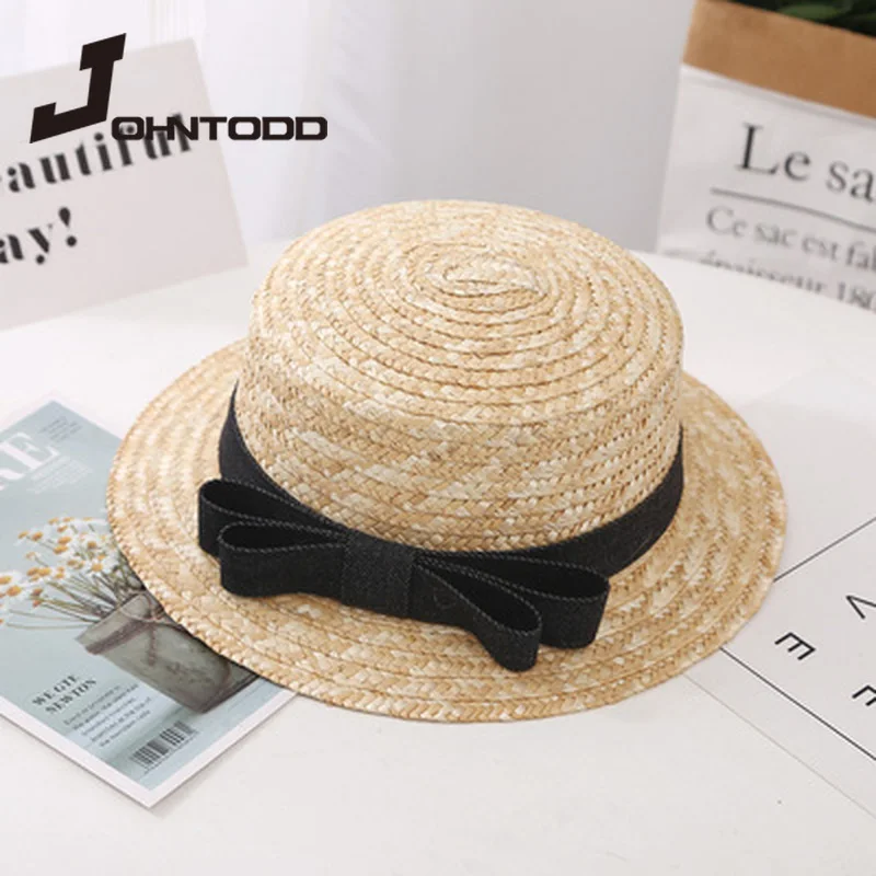 

Wholesale Brand fashion sun flat straw hat boater hat girls bow summer Hats For Women Beach flat panama straw hat chapeau femme
