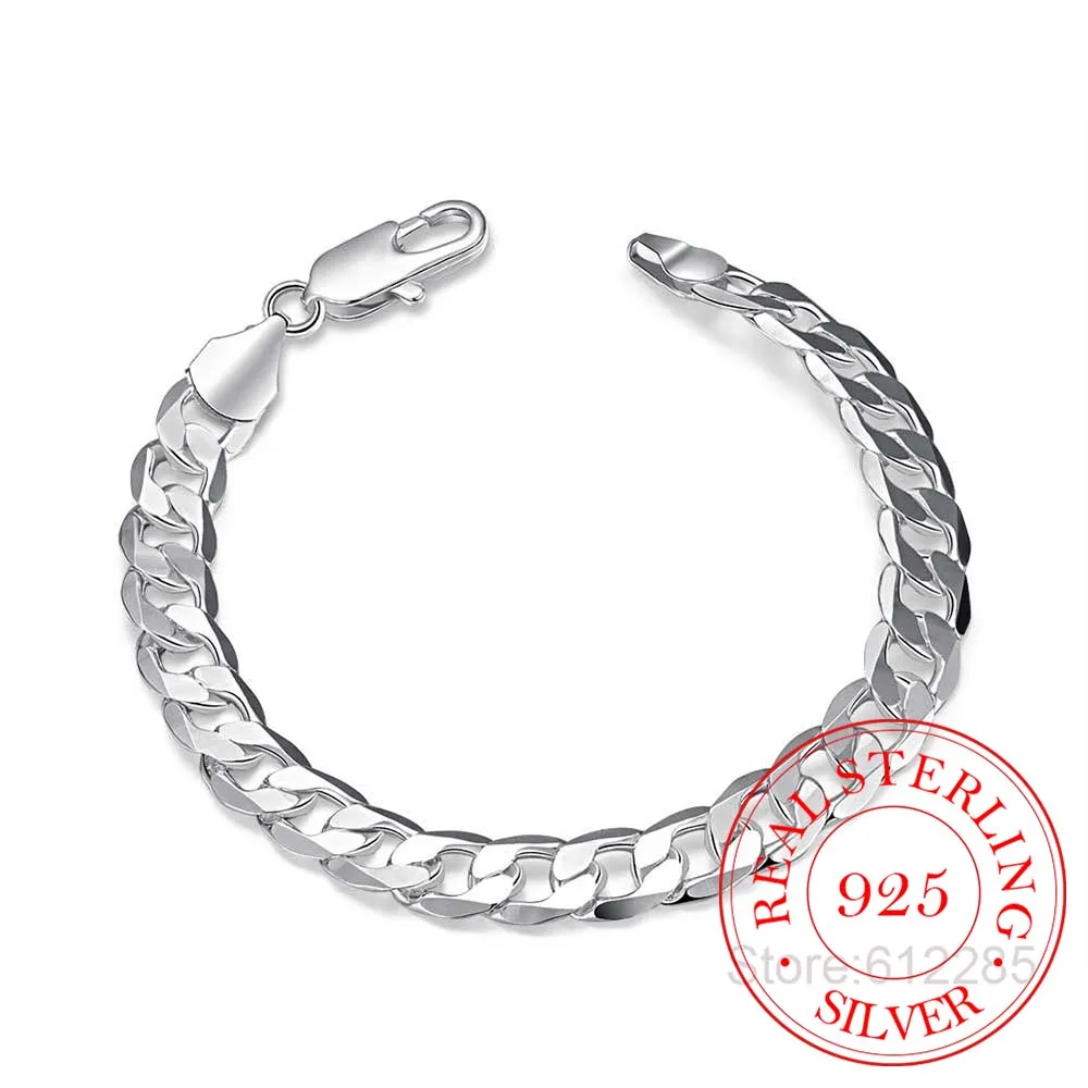 925 Sterling Silver Bracelet Fine Jewelry 8MM 20cm Sideways Flat Male Chain Bracelet Armband/pulsera for Men 8 Inch