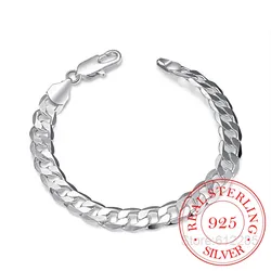 925 Sterling Silver Bracelet Fine Jewelry 8MM 20cm Sideways Flat Male Chain Bracelet Armband/pulsera for Men 8 Inch