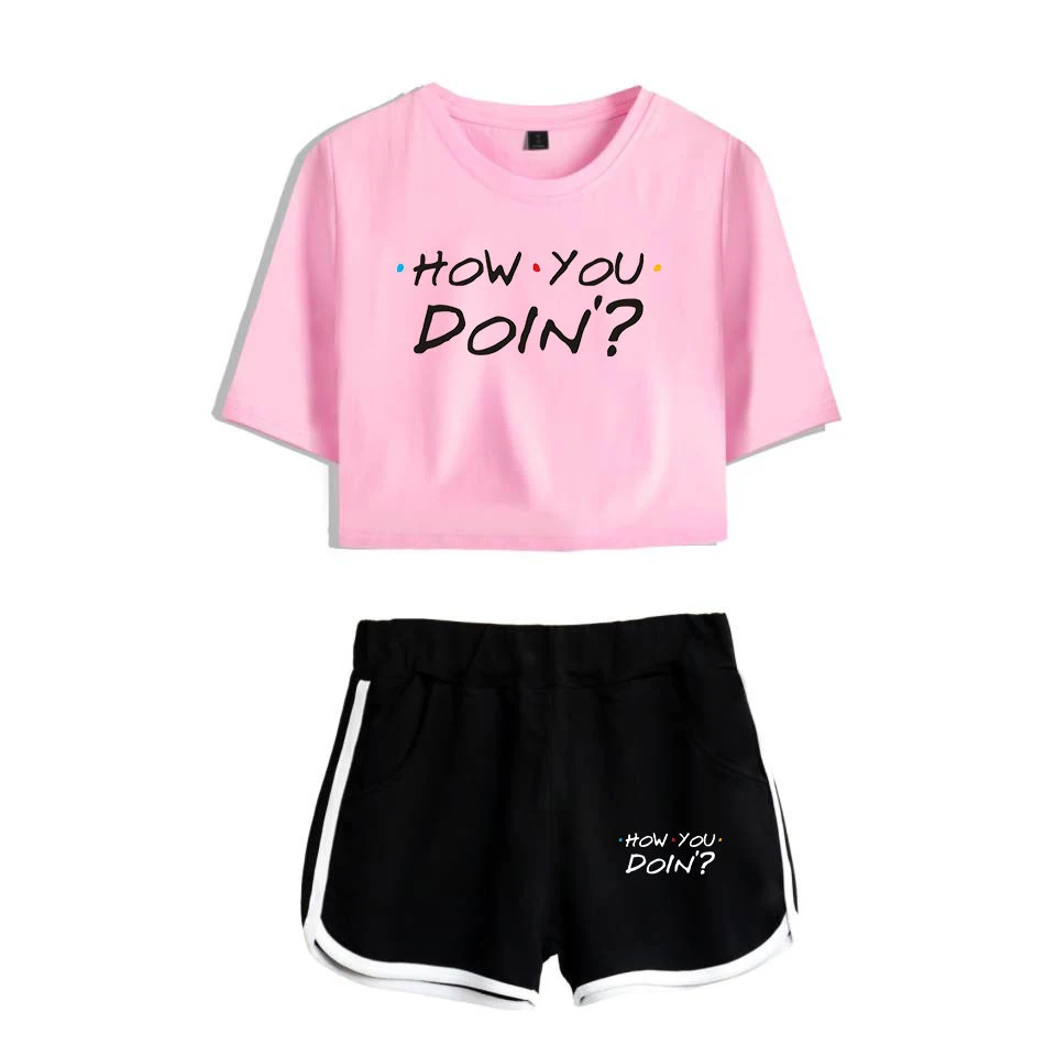 Friends Two Piece Set TV Show Quotes HOW YOU DOIN Summer Sexy Cotton T-shirt New Suit Shorts Crop Top Women Fashion Outfits