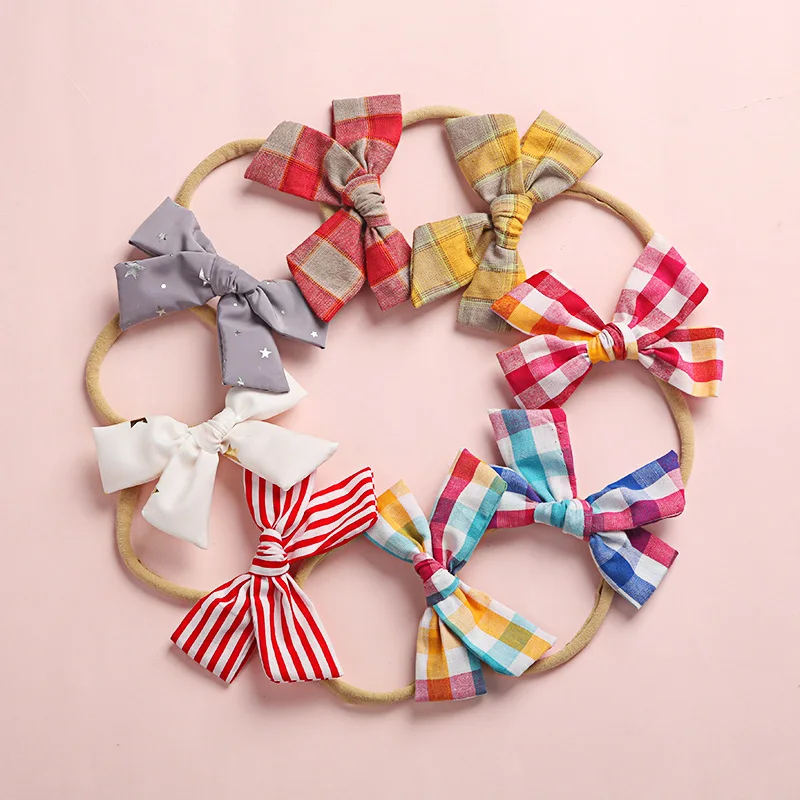 Baby Hair Accessories Printing Girls Bows Headband Thin Nylon Infant Head Bands Cotton Linen Toddler Elastic Headwrap Headwear