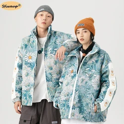 Winter Chinese Style Men's Padded Coats Hip Hop Stand Collar Printing Lightweight Padded Couple Jackets Warm Women's Down Jacket