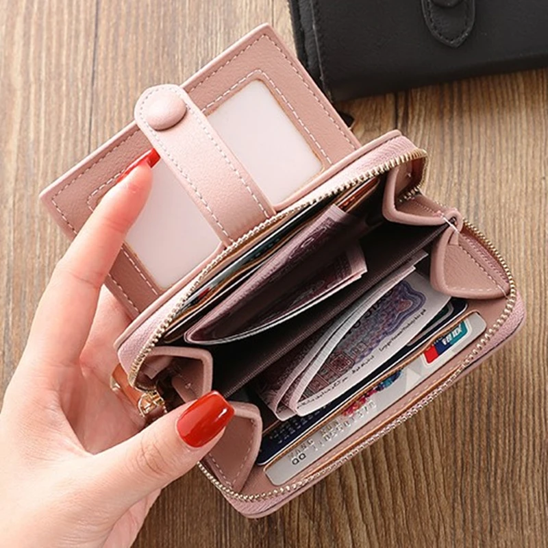 بولي Leather جلد صغير المرأة المحفظة حاملي بطاقات متعددة حقيبة المال سعة كبيرة طوي مخلب موضة غلق بمشبك سستة محفظة للعملة #5