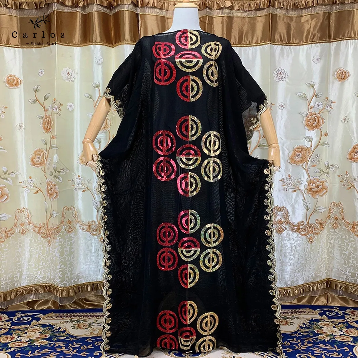 2022 New Women Muslim Sequin Embroidery Long Black Lady Clothes Fashion New Arrival African Embroidery Flower Dresse With Scarf