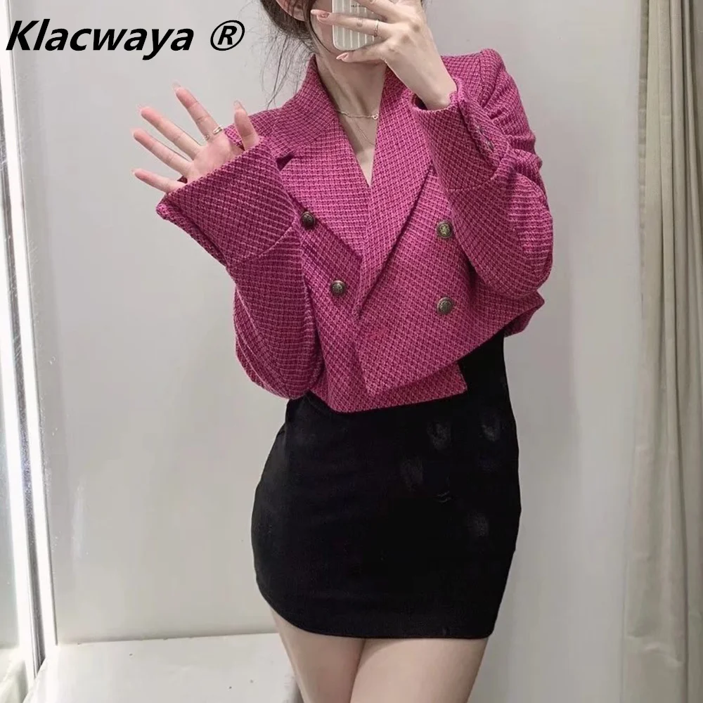 Klacwaya Women's Jacket Textured Tweed Blazer Short Women's Coat For Women 2021 Elegant Female Blazer Checked Jackets