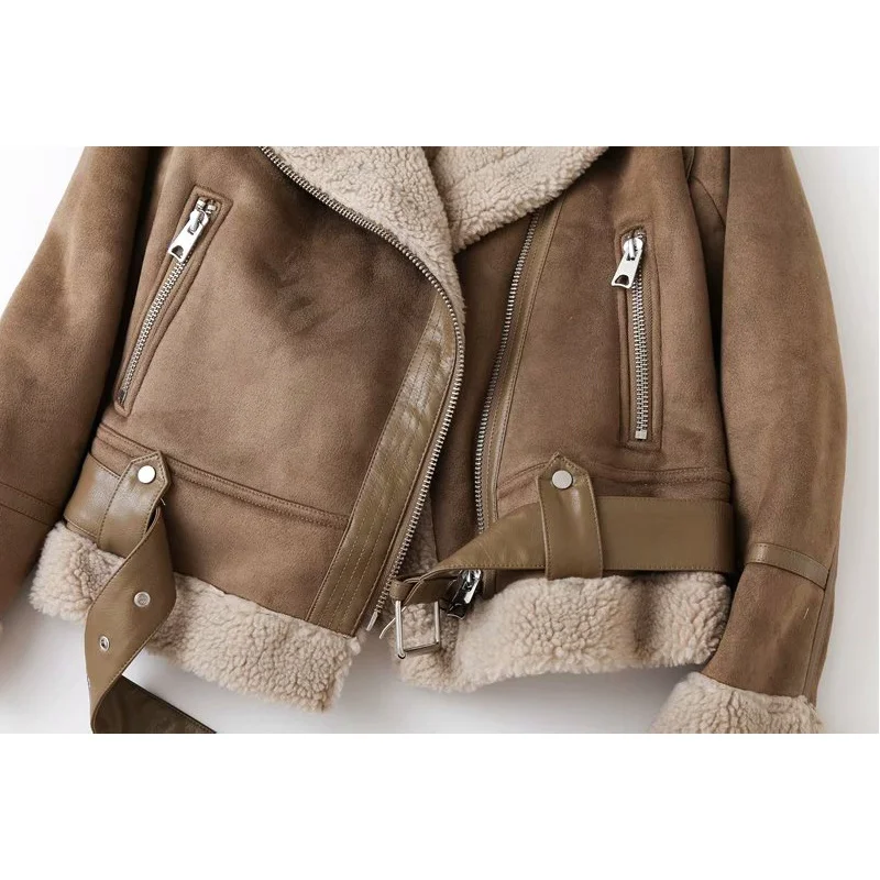 Imagem -06 - Faux Shearling Sheepskin Jaquetas de Couro Falso para Mulheres Lady Thick Warm Suede Coats Lambs Brown Motorcycle Coats Inverno