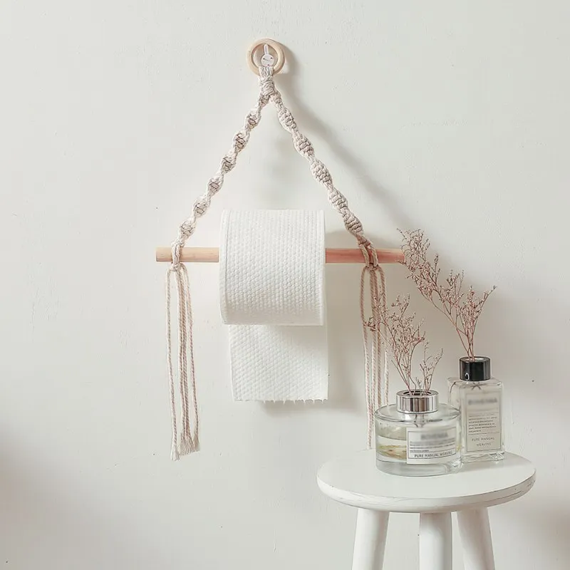 Bohemian Style Macrame Toilet Paper Holder Wooden Wall Hanging Storage Shelf Tapestry Bathroom Toilet Paper Dispenser Home Decor