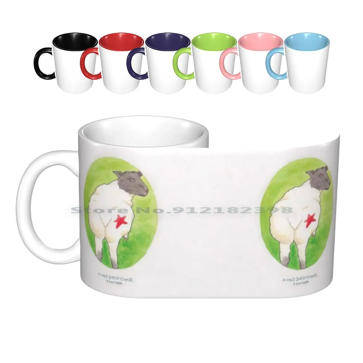 Haruki Murakami's A Wild Sheep Chase / / Illustration Of A Sheep With A Red Star In Watercolour Ceramic Mugs Coffee Cups Milk