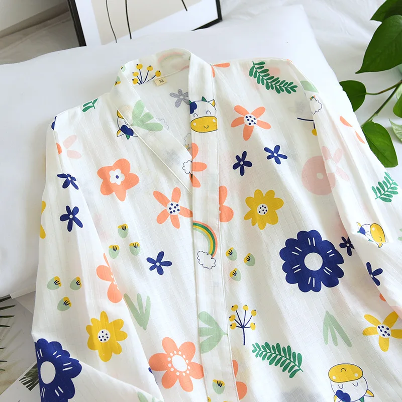 Summer 100% Cotton Thin Japanese Kimono Robes for Women Floral Printing Bathrobe Loose Casual Soft Absorb Sweat Sleep Tops 2021