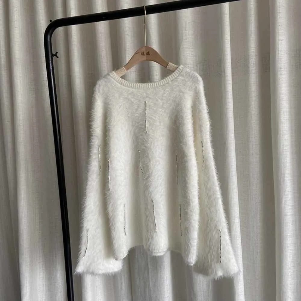 Luxury Designer Brand Knitted Sweater for Women O Neck Mohair White Tassel Black Loose Knitted Pullover Sweater