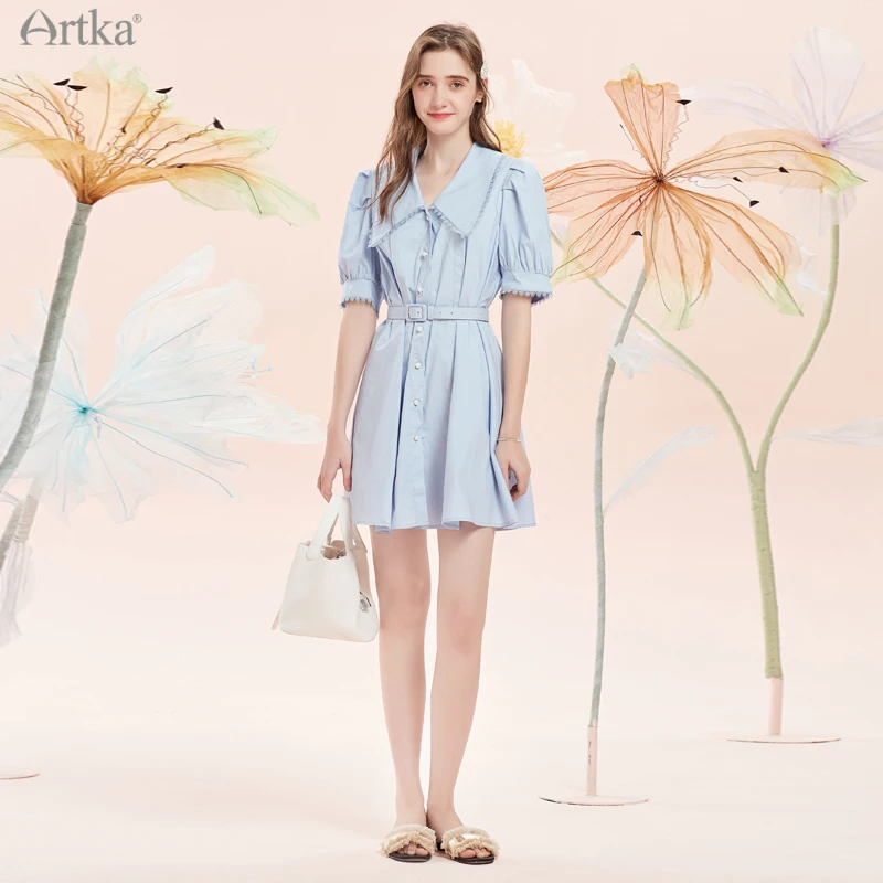 ARTKA 2021 Summer New 100% Cotton Elegant Vintage Turndown Collar Shirt Dresses Women Puff Sleeve Midi Dress With Belt LA29015X