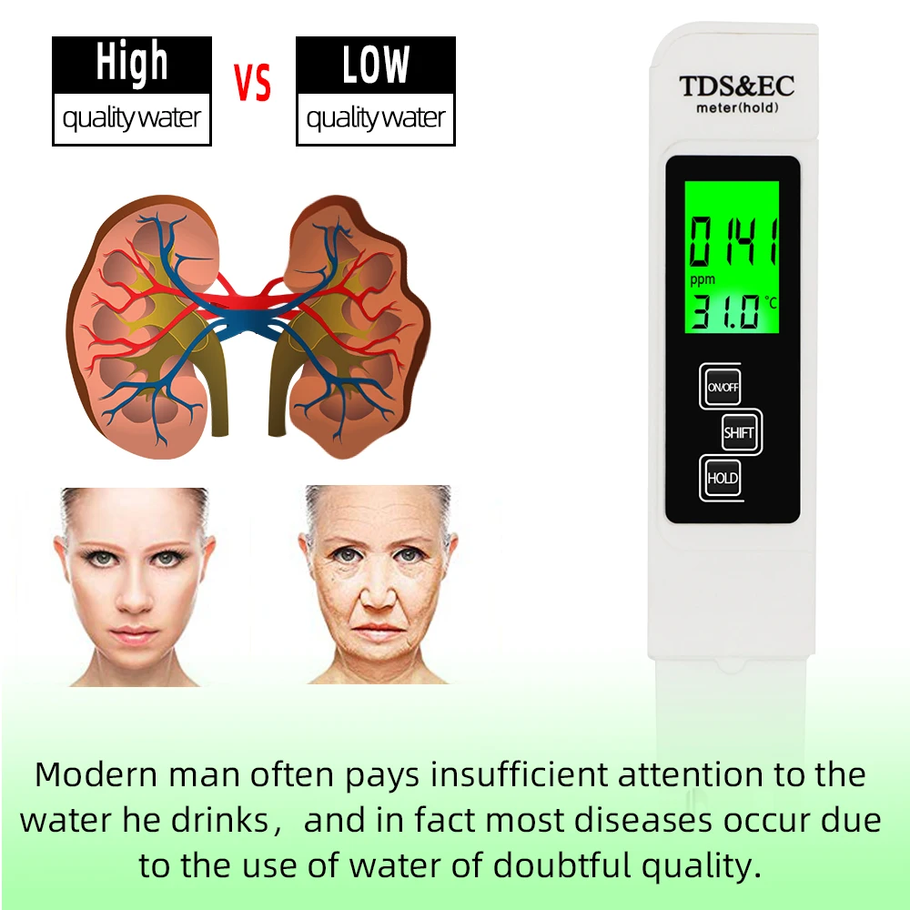 3 In1 Temp EC TDS Meter Digital Water Tester 0-9990ppm Tester di qualità dell'acqua ad alta precisione Monitor strumento di misurazione della purezza per piscina