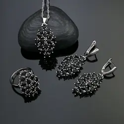 Silver 925 Jewelry Sets For Women Party Accessories Black Cubic Zirconia Earrings Ring Necklace Pendant