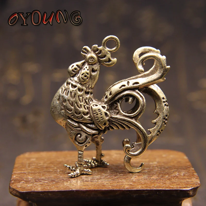 Vintage Bronze Solid Cock  Keychain Pendant  Antique Brass Pocket Rooster Desktop Ornament Home Decoration Craft Accessory Gifts