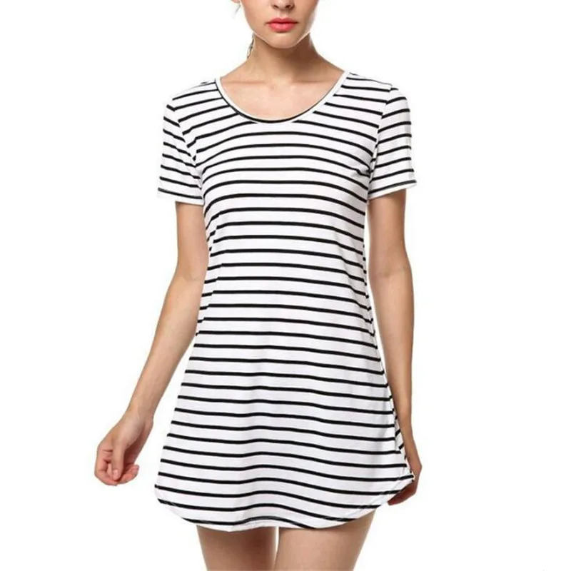 Women Lady Girl's Above Knee Dress,Homely O-Neck Loose Navy Striped Dovetail Dresses,Soft,Comfortable,Big Yards