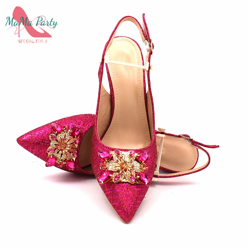 Fashionable African Shoes and Bag Set Italian Women  Fuchsia Color Nigerian Shoes with Matching Bags for Royal Wedding Party