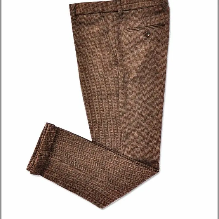 Pantalones largos para hombre, pantalones de lana Tweed, ocio, algodón, caballero, traje de negocios en espiga, pantalón para novio de boda