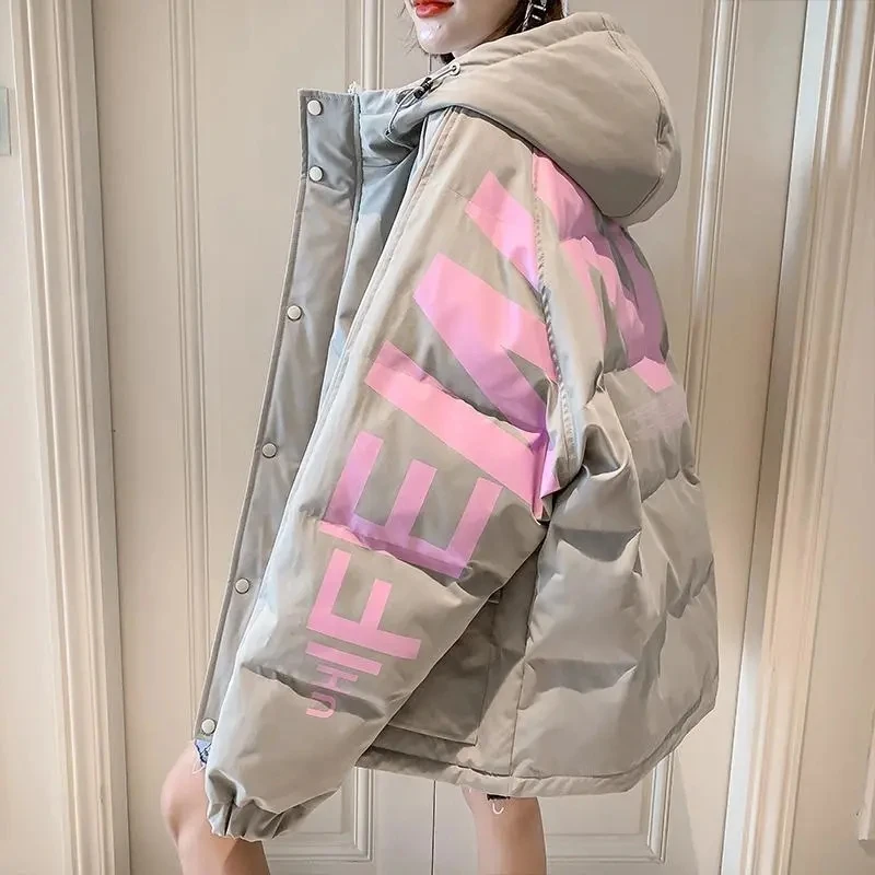 Down Cotton Short Jacket Winter Women Letter Print Loose Hooded Parkas Streetwear Oversize Female Big Pocket Quilted Coat