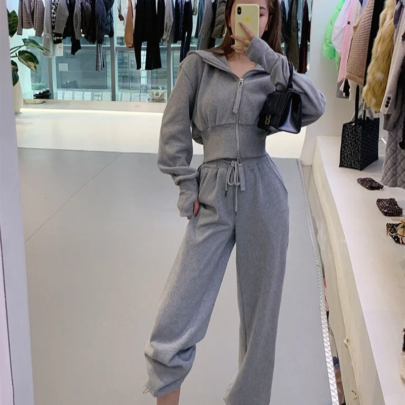 Pant Sets Women Casual Elastic Waist Cropped Hooded Pleated Solid Summer 2021 New Chic Fashionable Korean Style Ladies Outfit