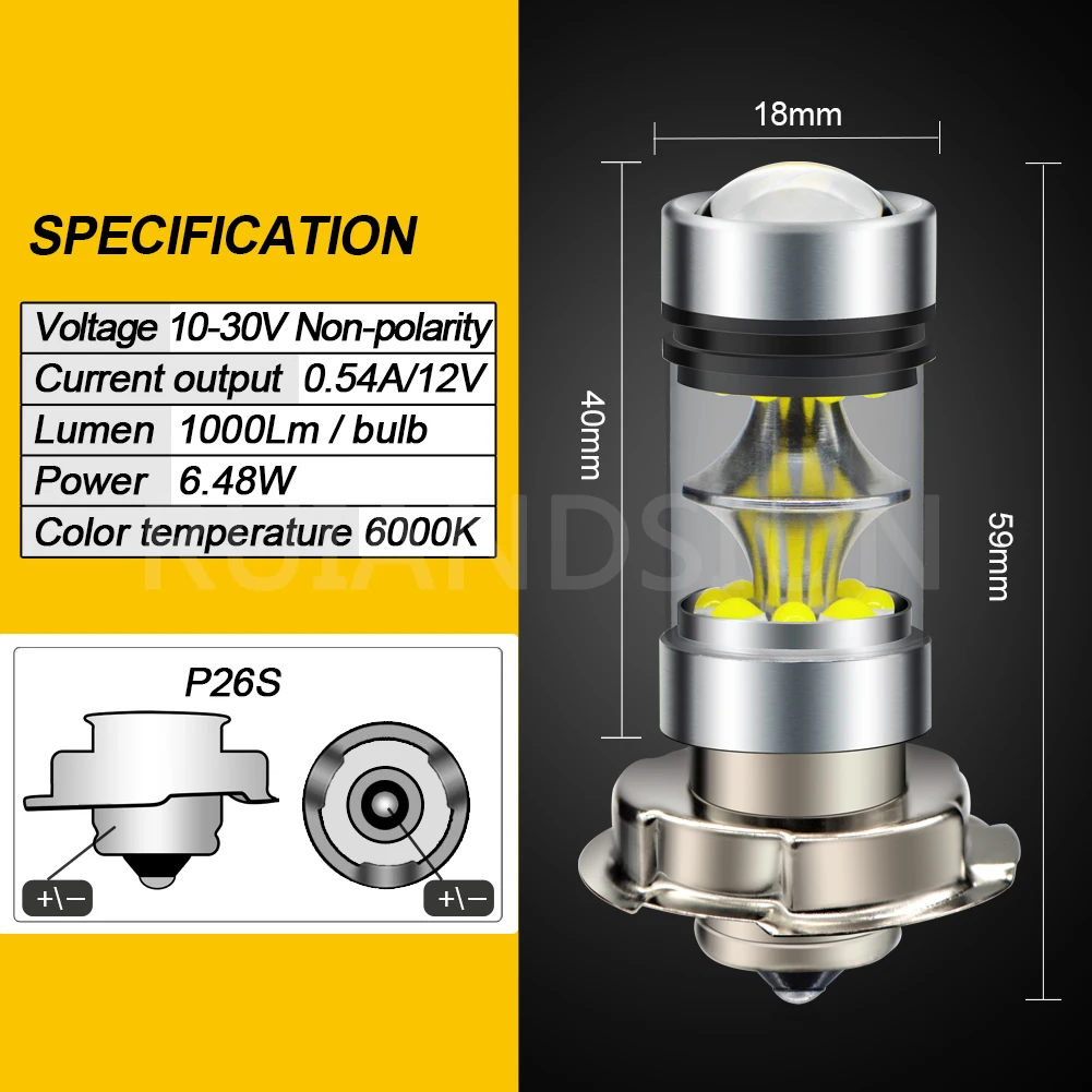 RUIANDSION 1Pcs P26S 100W 1000Lm Motorbike Moped Scooter Headlight Bulb DC10-30V 12V 24V 20XBD 6000K White Lemon Yellow Not AC