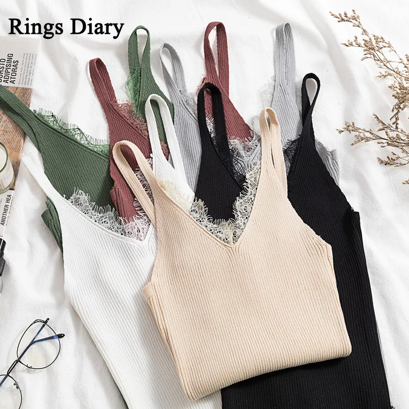 

Rings Diary Women Rib Camis Tops Summer Lace V Neck Spaghetti Strap Slim Fit Sexy Knit Tops Sleeveless Going Out Female Tops New