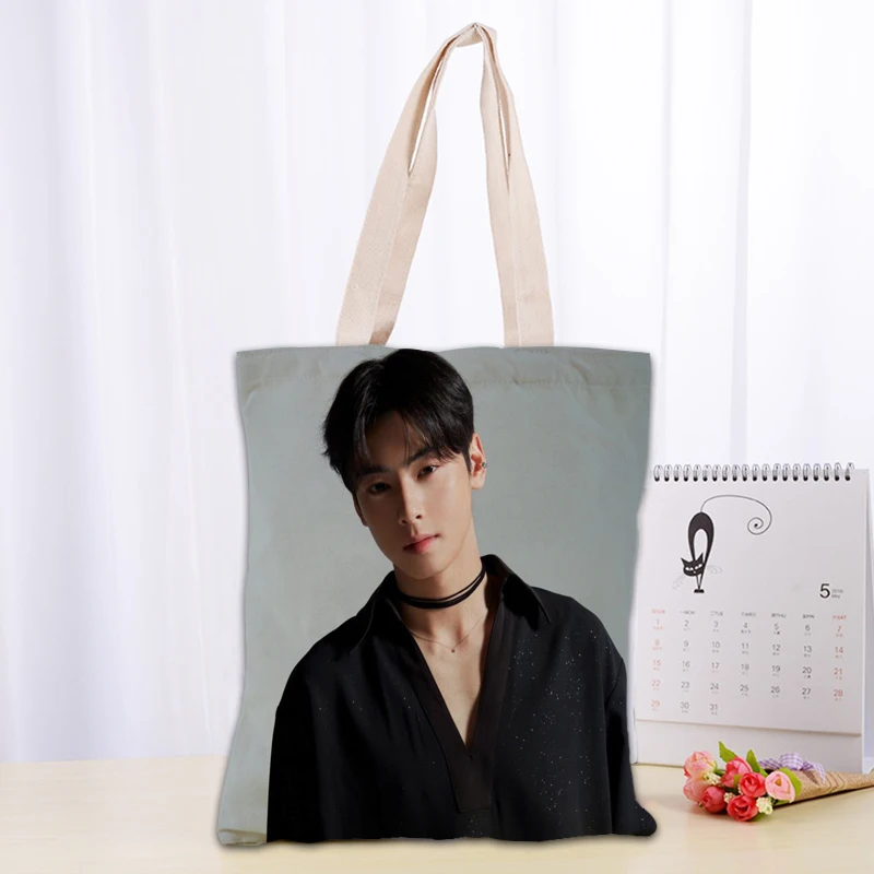 KPOP Cha EunWoo Tote Bag Women Canvas Fabric Bags Eco Reusable Shopping Bags Traveling Beach Casual Useful Shoulder Bag