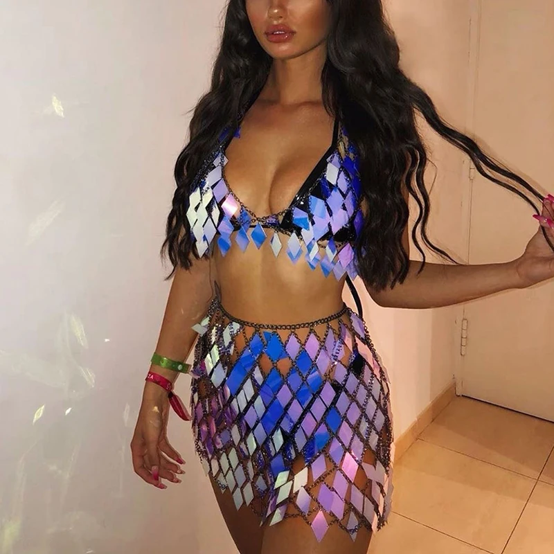 Shiny Diamond Sequins Link Chain Two 2 Piece Set Women Sexy Backless Bra Crop Top Hollow Out Mini Skirt Set Summer Beach Outfits