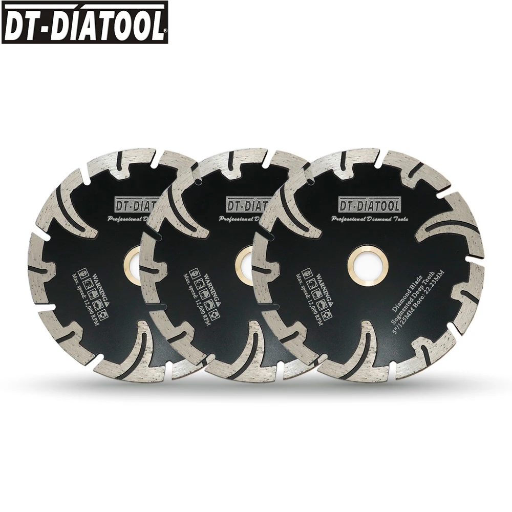 DT-DIATOOL 3pcs Dia 5inch/125mm Diamond Saw Blades for Cutting Granite Stone Concrete Segmented Deep Teeth Cutting Disc